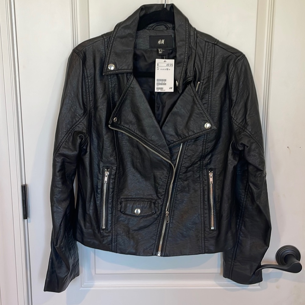 NWT H&M faux black leather moto jacket size 12